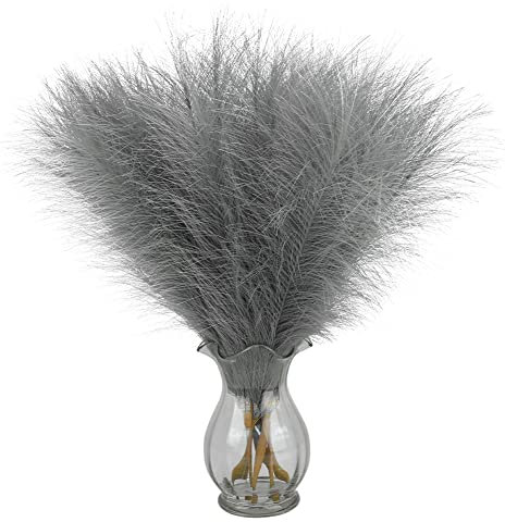Pampasgras Trockenblumen, 6 Stück Pampasgras getrocknet Blumen Pampasgras Deko fluffige Wedel Trockenblumen Strauß Boho Deko Getrocknetes Blumen Set für Wohnzimmer Schlafzimmer Hochzeit Deko (Grau)