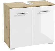Waschtisch-Unterschrank Salerno freistehend, Waschbeckenunterschrank mit 2 Türen, Badmöbel, Badezimmerschrank lackierte Fronten mit Chromgriffen, Eichefarben, Weiß & Holzfarben, 65x32x55cm
