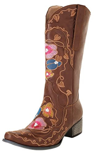 HOTRA Stivali Texani Donna Alti Stivali a metà Polpaccio con Fiori Ricamati Pull On con Punta Squadrata Stivaletti da Equitazione a Tubo Centrale (Color : Brown, Size : 36 EU)