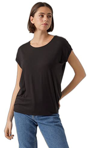 VERO MODA Damen Einfarbiges Stretch T-Shirt Basic Rundhals Top Oberteil Tief Angesetzte Schultern VMAVA, Farben:Schwarz, Größe:S