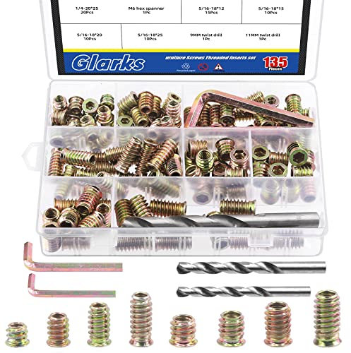 Glarks 134Pcs 1/4-20 5/16-18 Möbelschraube in Mutter Gewindeeinsätze Sortimentssatz, 10/12/15/20/25mm Holz Einsätze Bolzenbefestiger Steckverbinder Hex Sockel Antrieb mit 2pcs Werkzeug Set