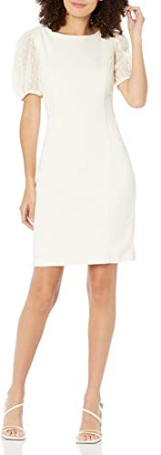 DKNY Damen Short Balloon Sleeve Mixed Media Mini Sheath Dress Kleid, Cream, 38