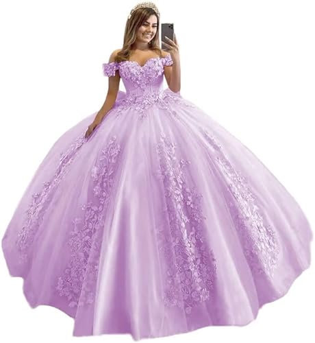 HYEC7 Off Shoulder Tulle Quinceanera Dresses 3D Flower Puffy Ball Gown Lace Pageant Prom Sweet 15 16 Dresses Lilac