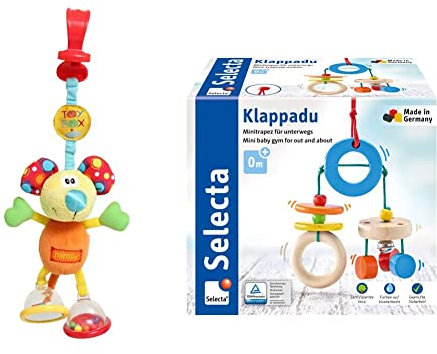Playgro 720113 Kinderwagenanhänger Klipp Klapp Maus, Ab 0 Monate, Dingly Dangly Mimsy, Orange/Bunt, 40144 & Selecta 61045 Klappadu, Minitrapez und Babyspielzeug, 19 cm