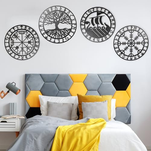 Arsey Decorazione vichinga, mitologia nordica, rune, medievale, sculture da parete, bussola, albero della vita, vegvisir, decorazione da parete, soggiorno, camera da letto, legno, nero, 4 pezzi