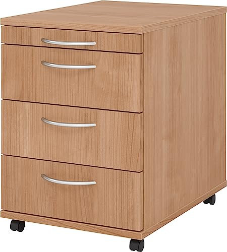 bümö Basic Rollcontainer mit Schubladen, Container aus Holz in Nussbaum - Rollwagen für's Büro als Schreibtisch Unterschrank, Bürocontainer od. Schreibtischcontainer mit Bogengriffe