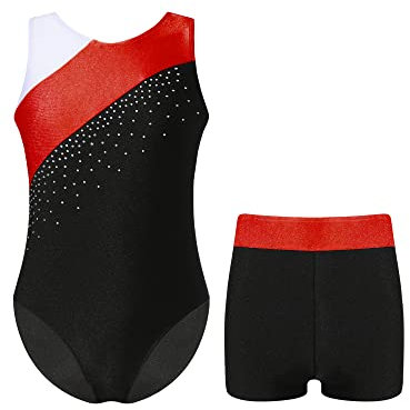 Freebily Mädchen Turnanzug Mit Kurzer Hose Ärmellos Turntrikot Gymnastik Body Shorts Mit Glitzer Strass Kinder Wettkampf Ballett Tanzkleidung Rot 158-164