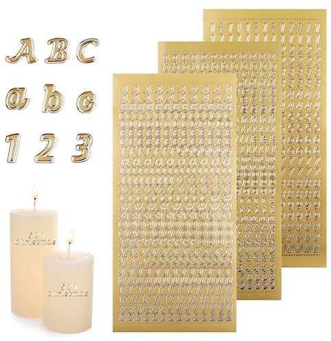 Wachsbuchstaben für Kerzen - Vaktop 3 Blatt Buchstaben Aufkleber mit Zahlen, Wachszahlen Sticker, Klebebuchstaben für Taufe Kommunion Hochzeit Fotoalbum Scrapbook (Gold)