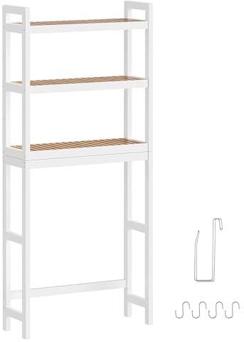 SONGMICS Toilettenregal, Badezimmerregal, Waschmaschinenregal, 3-stöckiges Badregal aus Bambus, verstellbare Ablage, für die meisten Toiletten, platzsparend, wolkenweiß-naturbeige BTS001W02
