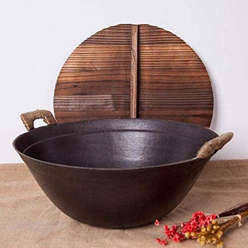 OQHAIR Cast Iron Wok Pan Household Double-Ear Large Iron Pot Old-Fashioned Round Bottom Gas 40cm Multipurpose Pot,34CM-38cm (38cm)