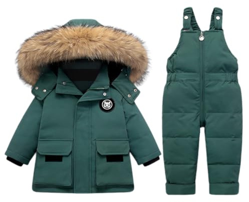 Enfant Combinaison de Ski Hiver Bébé 2 Pièces Doudoune Manteau avec Neige Bavoir Pantalon Garçons Filles Combinaisons de Neige Vêtements Vert 2-3 Ans