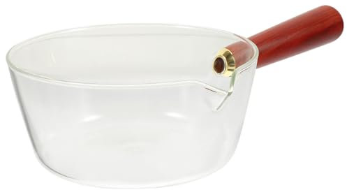 BESTonZON Glass Milk Pot, 400ml Non Stick Wooden Handle Salad Pan, Glass Pasta Pot with Wooden Handle, Glass Pots Cooking Glass V Shaped Spout Noodles Pot, Glass Pots for Cooking Home Kitchen Cookware