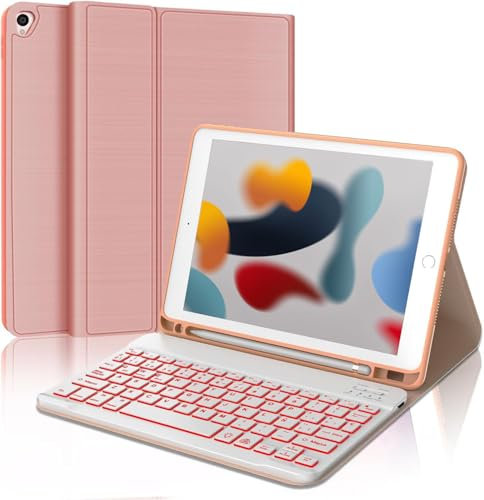 WAVATA Teclado Funda para iPad 9ª 2021| Teclado para iPad 8ª Gen/iPad 7ª Gen, Teclado para iPad Air 3 y iPad Pro 10.5 2017, Teclado Español Bluetooth Inalámbrico Desmontable con Retroiluminado- Rosa