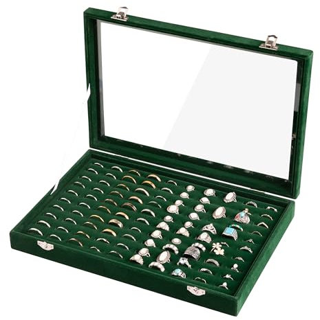 Frebeauty Vassoio organizer per anelli con 100 scomparti, con coperchio trasparente, in velluto, per gioielli, espositore per anelli, per gioielli da donna (verde nerastro)
