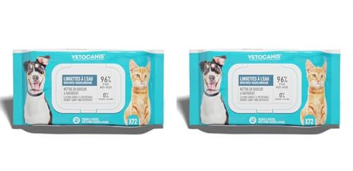 Vetocanis Lingettes Nettoyantes Chien et Chat x72, Lingettes nettoyantes Oreilles, Yeux et Pattes de Chien et Chat Toutes Races et Tous Âges, Formule à Base d'Actifs Végétaux, Grand (Lot de 2)