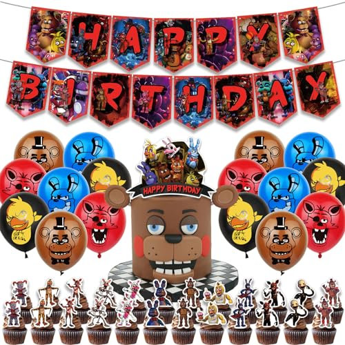 Five Nights at Fre-ddy's Partyzubehör-Set, FNAF Themen-Geburtstagsdekorationen, FNAF Luftballons Figuren, Happy Birthday Banner Dekorationsset (Partyzubehör)