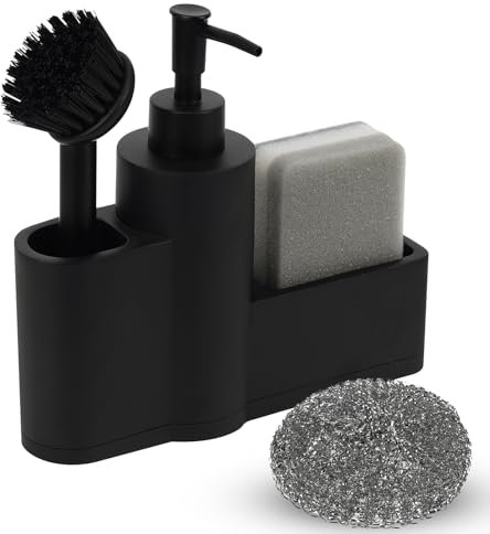 Dadabig Portaesponjas de Fregadero con Dispensador, Organizador de Fregadero, Dispensador de Detergente, con Cepillo para Esponjas y Esfera de Acero, Negro