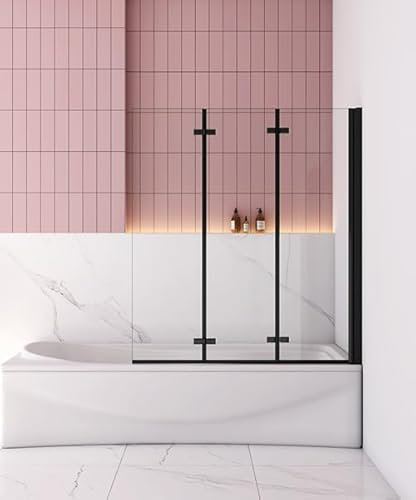Aica Sanitär Badewannenaufsatz Dusche Duschabtrennung Duschwand für Badewanne,Schwarz,3-tlg,Faltwand,130cm