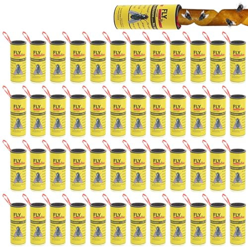 Lot de 48 rouleaux attrape-mouches, pièges à mouches en papier, piège à mouches à fruits, ruban adhésif pour l'intérieur et l'extérieur