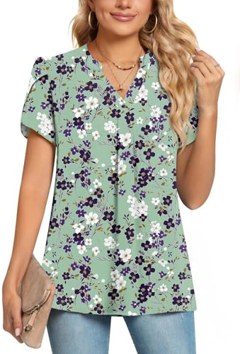 POPYOUNG Womens Summer Casual Chiffon Petal Sleeves Office Blouses V Neck Business Tops Work Shirts 3XL,Light Green Floral