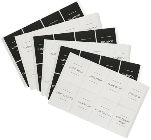 Harbour Housewares 48 Piece Soap Dispenser Labels Set - White and Black Pre-Printed Waterproof Stickers for Bathroom and Kitchen Bottles - Reusable Organiser Labels for Soap, Lotion and Cleaning