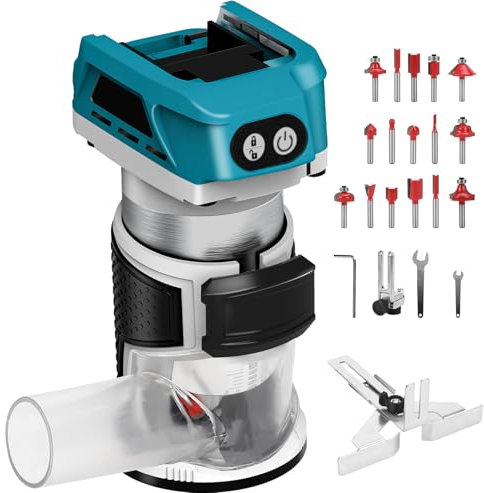 WingFly Fresadora de Madera a Batería, Fresa de Cantos con Batería Compacta para Makita 18 V, Fresadora Madera para Carpintería, Fresadora Eléctrica con 15 Piezas Router Bits
