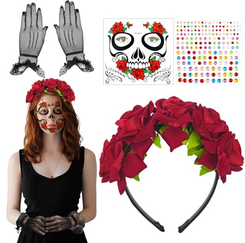 SHOWHEEL Halloween Kopfschmuck Karneval Haarreif Gesichtstatto Spitzenhandschuhe+Dia de los Muertos Rot Blumen Kronen Tag der Toten Haarschmuck Karneval Fasching Halloween Damen Kostüm Accessoires