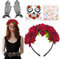 SHOWHEEL Halloween Kopfschmuck Karneval Haarreif Gesichtstatto Spitzenhandschuhe+Dia de los Muertos Rot Blumen Kronen Tag der Toten Haarschmuck Karneval Fasching Halloween Damen Kostüm Accessoires