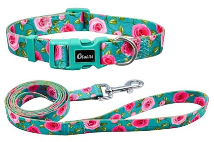 Olahibi Dog Collar and Leash Combo Set, Cute Rose Pattern, Polyester Material, 150CM Matching Leash, for Large Dogs.(L,Green Rose)