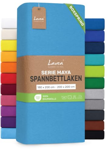 Lavea® Spannbettlaken 180-200x200 cm - für Boxspringbett – Himmelblau | Jersey Spannbetttuch mit 40 cm Steghöhe, 100% Baumwolle, weich, atmungsaktiv, pflegeleicht, formstabil – Perfekte Passform