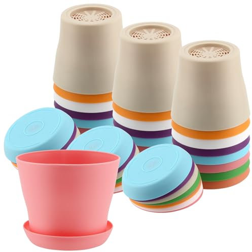 FUNSUEI 24 macetas de 10 cm de diámetro, 8 Colores con Bandeja, pequeñas macetas cubremacetas de plástico para Plantas de jardín, Rojo, Rosa, Naranja, Azul, Morado, Blanco, Beige
