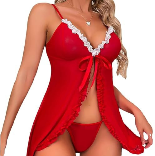 Sexy Dessous Set für Damen Weihnachtskostüm Nikolaus Kostüm, Freches Spitze Babydoll Negligee Nachtwäsche, Übergröße Weihnachten Unterwäsche Reizwäsche Lingerie mit Offenem Frontverschluss Kleid