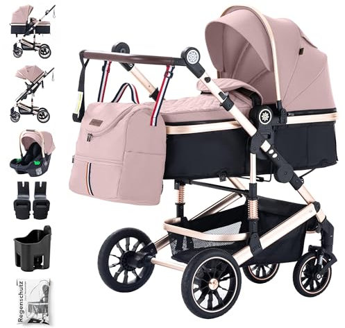 Daliya® NEOMOVE 3in1 Kinderwagen, Buggy & i-Size Babyschale | Alu-Rahmen | Reisekinderwagen & Sportwagen | Großer Einkaufskorb | Stadt & Gelände (Gold-Rosa)