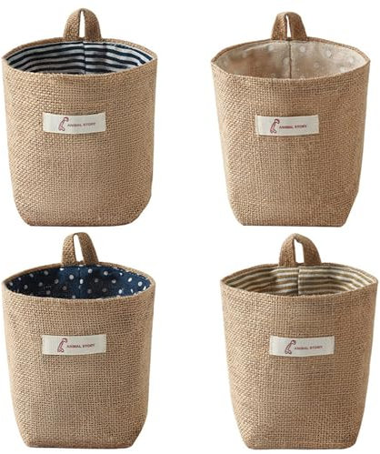 KICPUK 4 pcs Baumwolle Leinen Hängende Lagerung Tasche, Wand Montiert Lagerung Hängenden Korb, Faltbare kleine Lagerung Korb, Hängenden Korb Mit Tragegriff, Lagerung Für Schlüssel, Spielzeug, Kosmetik