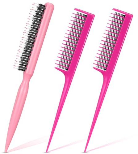 Patelai 3 Pcs Hair Teasing Comb Set Includes 2 Nylon Triple Comb and Boar Bristle Teaser Brushes for Women Stylist Men Backcombing Slicking Curly Thick Wet Hair(Pink)