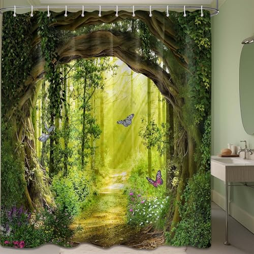 QGHOT Duschvorhang, Motiv: Zauberwald, Grün, Natur, Garten, Outdoor, Szene, Baum, malerische Badezimmer-Dekoration, wasserdichter Stoff mit Haken, 178 cm B x 200 cm L