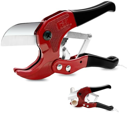 42mm PVC Rohrschere, Rohrschneider Kunststoff mit Ratsche Profi Rohr Schere zum Schneiden von PVC, PEX, PPR, Kunststoffrohren, Rutschsichere Griffe