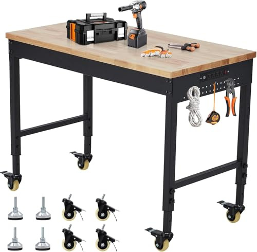 Workbench Adjustable Height 72x25 (183x64cm) Worktable, Heavy Duty Rubber Wood Top Work Bench for Garage & Workshop, Mobile Workstation with Power Outlets & Wheels, 2000 lbs Load Capacity, Hardwood