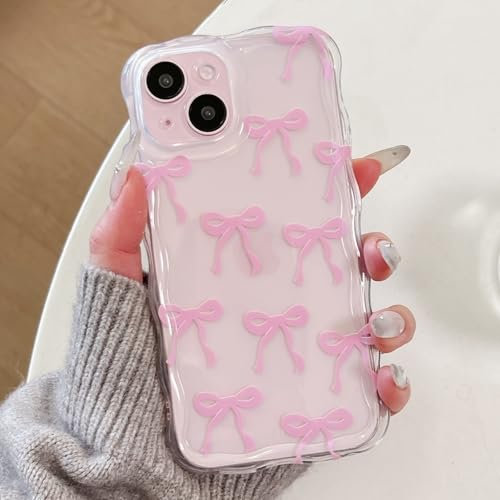 QLTYPRI Etui pour iPhone 12, Coque Transparente pour Filles et Femmes avec Nœud Ruban et Vague Bouclée, Housse Nœud Papillon Esthétique Protectrice en Silicone Souple TPU Antichocs - Rose