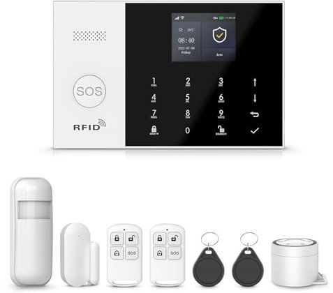 PGST Alarme Maison sans Fil DIY 8 pièces - Alarme Maison 4G/WiFi/GSM, capteurs de Porte/fenêtre + détecteur de Mouvement, Alarme 120 DB, Compatible avec Les Applications Tuya/Smart Life/Alexa/Google