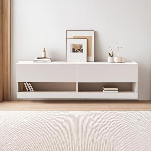 LONELYO Meuble TV Suspendu avec Éclairage LED - 7 Couleurs Ajustables - Lowboard Moderne Blanc 140x35x40cm
