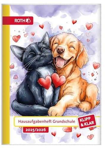 ROTH Klipp&Klar Grundschul-Aufgabenheft mit Tagesfarben, A5, 1 Woche 2 Seiten, Hund und Katze