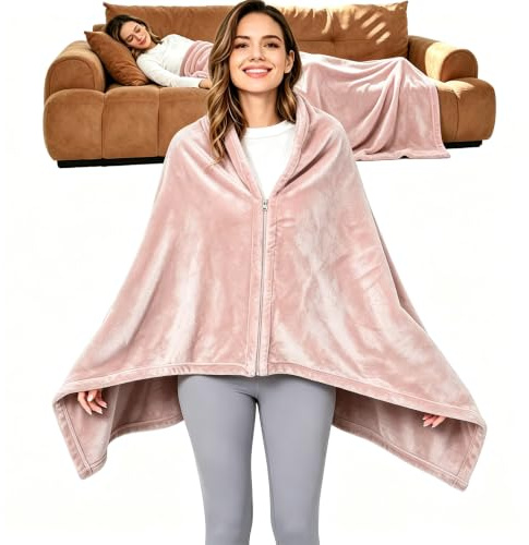 Flanell Decke Poncho für Damen, Tragbare Kuscheldecke mit Reißverschluss | Extra Weiche, Wärmende Wohndecke als Sofadecke, Reisedecke, Winter ideal Geschenk für Mama Frauen, Einheitsgröße, Waschbar