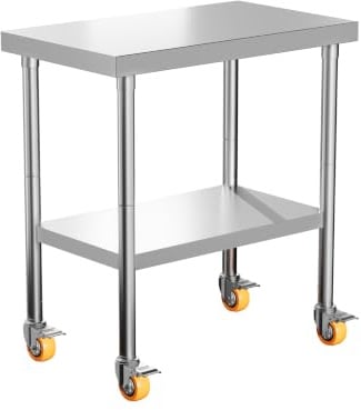 XMTECH Edelstahl Arbeitstisch 76×46×85 cm mit MDF, 300 kg belastbar, Küchentisch/Vorbereitungstisch/Profi-Tisch mit Rollen & verstellbarem Unterregal für Küche, Werkstatt, Restaurant, Bar