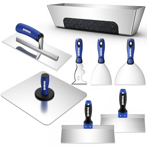 Rhibak Drywall Hand Tools Kit, Drywall Knife Set with Putty Knives, Taping Knives, Aluminum Hawk, Mud Pan, Flat Finishing Trowel, Multi-Fuctional Paniter Scraper