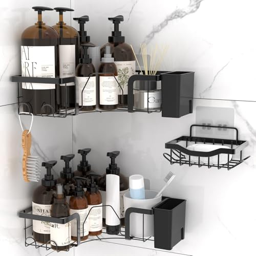 SURFOU Étagère de Douche d'Angle Sans Percage 3 Pcs, Organisateur de Salle de Bain Adhésif en Acier Inoxydable Antirouille, Porte-Shampoing avce Etagere Salle de Bain Accessoire, Noir