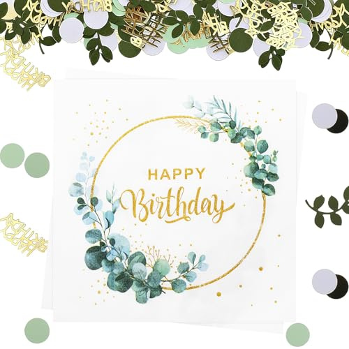 ZYNERY 60 Stück Servietten Eukalyptus Geburtstag 33 x 33 cm mit 100pcs Salbeigrün Geburtstag Konfetti Happy Birthday Servietten Geburtstag Eukalyptus Grün Geburtstagsdeko Grün-Servietten Frau Mann