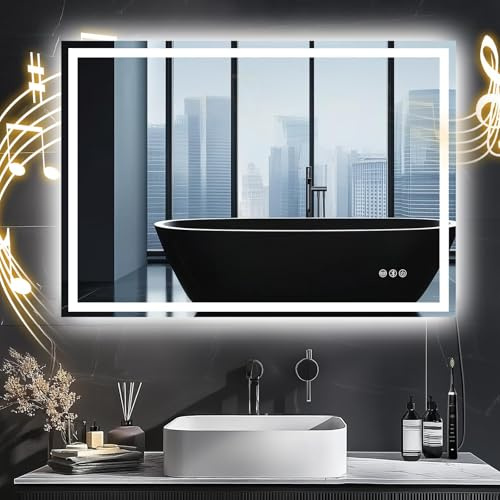 Youyijia Spiegel Mit Beleuchtung, Badspiegel Mit Beleuchtung Mit Touch-Schalter Beschlagfrei, 3 Lichtfarben Dimmbar,3500K-6500K Badezimmerspiegel (100x70cm mit Bluetooth)
