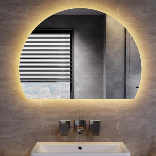 SUNXURY LED Spiegel 80x60cm Halbrund, Halbrunder Spiegel mit 3 Farbtemperaturen einstellbar, Antibeschlag und Touch-Schalter, Spiegel Bad mit Beleuchtung Dekorative Wandspiegel für Badezimmer