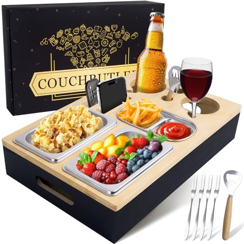 YYSWSAKY Couchbar Snackbox, Snackbar Sofa mit Geschenkbox, Couch Tablett mit Getränkehalter, Snackschalen, Obstgabeln und Flaschenöffner, Abnehmbarer Deckel Organizer Tablett für Sofa, Bett, Camping